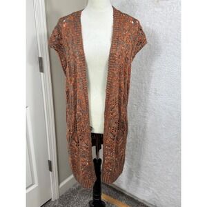 Hem &‎ Thread Knit Cardigan Vest Sleeveless Open Front Orange Gray Boho S/M